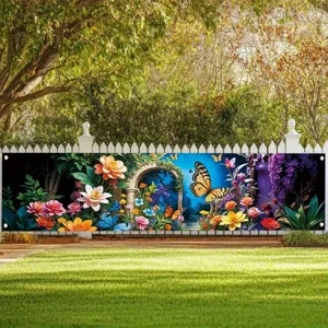 Colorful spring garden banner for fence decoration with flowers and butterflies pattern