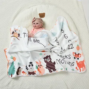 Soft baby milestone blanket with cartoon animal prints for monthly growth photography