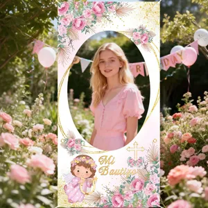 Pink Gold Floral Baptism Photography Backdrop Angel Cross Baby Party Decoration Mi Bautizo Polyester Background Cloth
