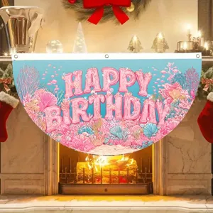 Pink Undersea Coral Happy Birthday Fan-shaped Banner Polyester Pleated Party Decoration Hanging Flag For Kids Party
