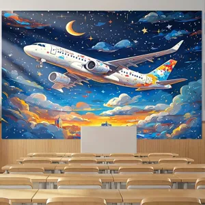 Sfondo Fotografico Onirico a Olio Cielo Stellato Aereo per Festa di Compleanno Bambini Decorazione a Tema Viaggio Arazzo da Parete in Poliestere