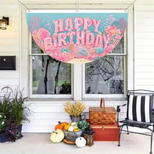 Pink undersea coral theme fan-shaped Happy Birthday party banner for outdoor decoration.