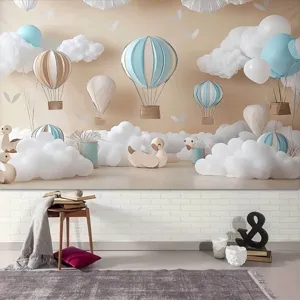 Dreamlike hot air balloon and clouds photography backdrop for children's birthday decorations