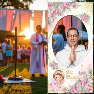 Pink gold floral baptism photo backdrop banner for baby ceremony party decoration