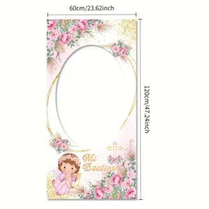 Floral baptism photography backdrop with oval cutout for baby party decoration
