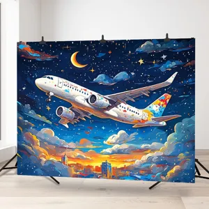 Sfondo fotografico cielo stellato e aereo in stile pittura a olio per festa di viaggio