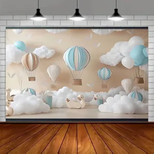 Dreamy blue and cream hot air balloon backdrop for children's birthday photography