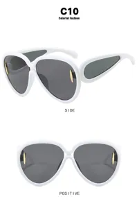 Front and side view of white oversized futuristic sunglasses featuring dark lenses