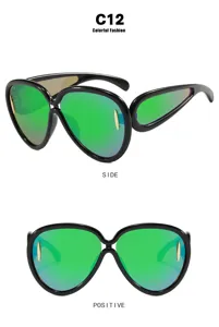 Futuristic oversized sunglasses with green mirrored lenses showing front and side views