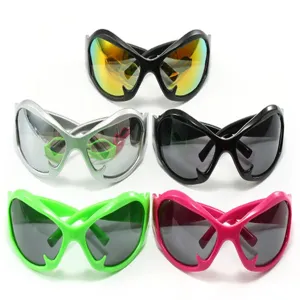 Detailed view of five unique Y2K sunglasses in neon green, pink, black and silver frames