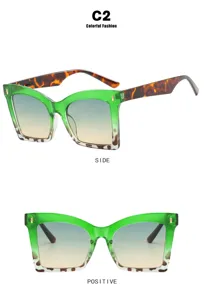 Detailed views of green square frame fashion glasses from side and front view