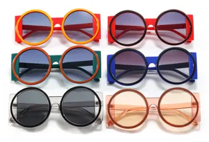Detailed view of fashionable oversized round sunglasses in various color combinations