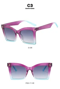 Detailed views of oversized square glasses with purple-blue gradient frames
