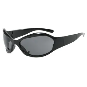 Futuristic black Y2K sunglasses with unique wavy frames for unisex edgy fashion look