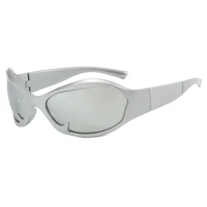 Futuristic Y2K silver wraparound sunglasses with metallic finish for hip-hop style
