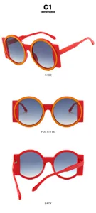 Multiple views of red oversized round fashion sunglasses for festival and party wear