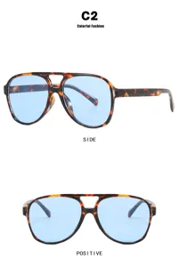 Detailed view of tortoise shell aviator sunglasses featuring double bridge and blue lenses