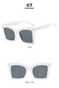 Stylish white square large frame sunglasses with rice nail details and dark lenses.