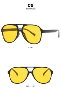 Detailed front and side views of double beam aviator sunglasses with vibrant yellow lenses.