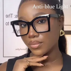 Trendy oversized square black frame glasses for women with anti-blue light protection