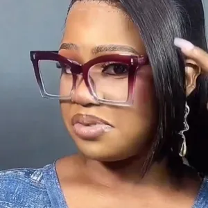 Fashionable oversized burgundy gradient square glasses with anti-blue light lenses