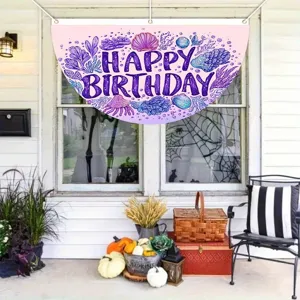 Pancarta en Forma de Abanico Tema Océano Púrpura Poliéster Coral Concha Feliz Cumpleaños Bandera Colgante de Jardín Decoración