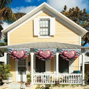 Mother's Day fan-shaped garden flags with rose heart design hanging on house porch