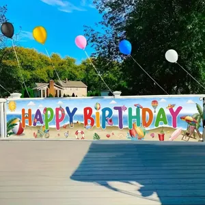 Colorful Summer Beach Birthday Banner Polyester Backdrop Happy Birthday Party Supplies Outdoor Garden Patio Decoration Hanging Bunting