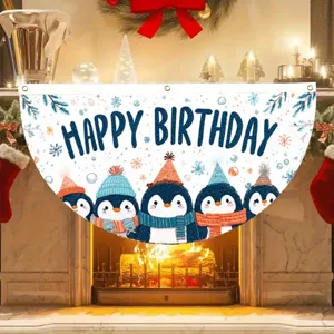 Bandera de cumpleaños en forma de abanico con pingüinos para fiestas de niños.
