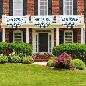 Banderines de feliz cumpleaños de pingüino bandera en abanico para decoración de patio