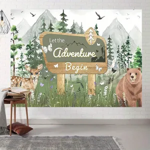 Fondo de bosque con ciervo y oso para decoración de fiesta de cumpleaños infantil