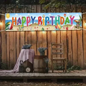 Large summer beach theme birthday banner with colorful volleyball and ocean design