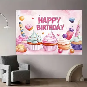 Toile de fond d'anniversaire cupcake rose aquarelle avec texte Happy Birthday et bonbons