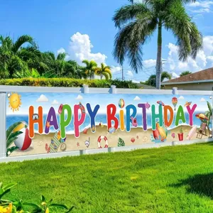 Large summer beach themed Happy Birthday banner for outdoor garden party decoration