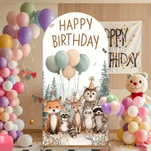 Arch forest animal birthday party backdrop with cute fox and deer illustrations