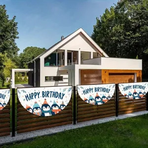 Banderines festivos de pingüinos de feliz cumpleaños para decoración de cercas de jardín