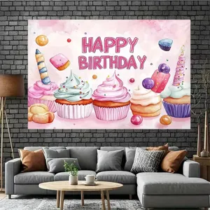 Fond de photographie d'anniversaire cupcake aquarelle rose avec texte Happy Birthday