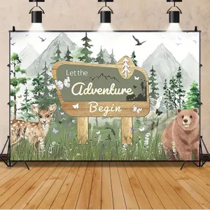 Fondo fotográfico de aventura en el bosque con estampados de ciervo y oso para niños