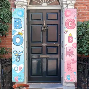 Πανό πόρτας Gender Reveal σε ροζ και μπλε με εικονίδια για μωρά.