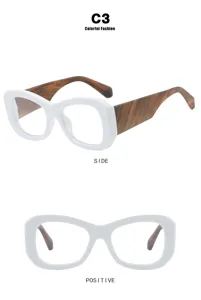 Vistas detalladas lateral y frontal de gafas blancas con patillas de grano de madera