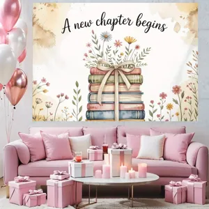 New Chapter Begins photography backdrop featuring floral books for graduation parties