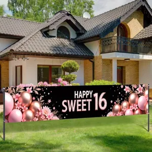Decorative black and pink Sweet 16 birthday party banner featuring balloon and floral prints