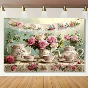 Retro British Tea Party Photography Backdrop Pink Rose Floral Lace Teapot Victorian Style Wall Hanging Decor Polyester Tapestry Backdrop
