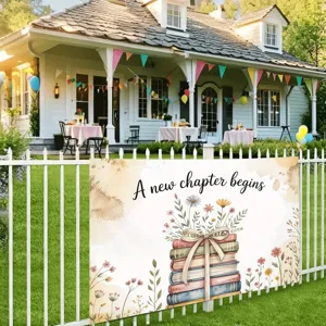 "New Chapter" photography backdrop banner featuring books and flowers on a garden fence.