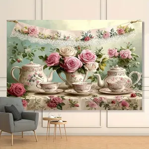 Elegant vintage English tea party photography backdrop featuring pink roses and porcelain teapots