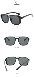 Detailed views of black square double-beam sunglasses from side, front, and back