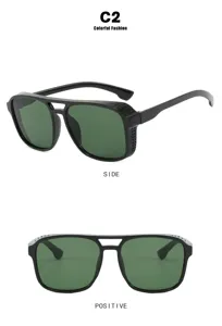 Front and side views of punk-style square double-bridge sunglasses with green lenses