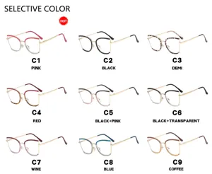 Detailed catalog showing nine stylish colors of anti-blue light cat-eye glasses frames