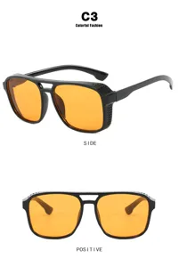 Professional square double bridge punk sunglasses for men showing side and front view details