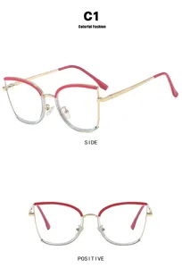 Detailed side and front view of fashionable red cat-eye anti-blue light glasses frames